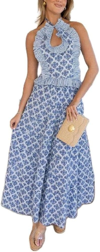 Y2k Ruffle Long Skirt Sets for Women 2 Piece Outfits Summer Ruched Backless Cami Top Matching Boh... | Amazon (US)
