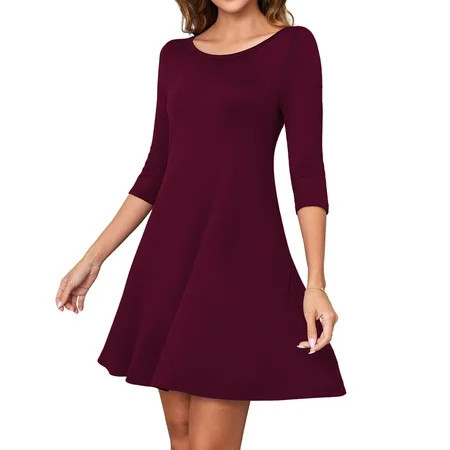 Asklazy Women s Round Casual Dress Neck 3/4 Sleeves A-line Tshirt Dress with Pocket US Size L Wine red | Walmart (US)