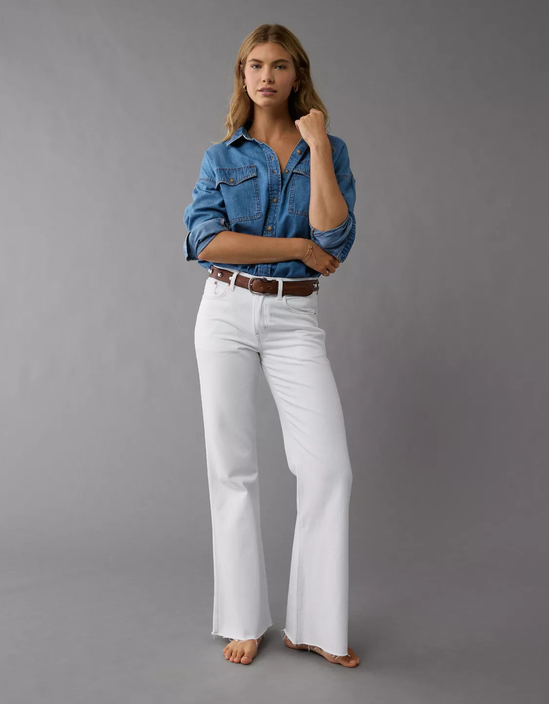 AE Dreamy Drape Denim Perfect Button-Up Shirt | American Eagle Outfitters (US & CA)