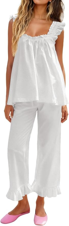 KFUBUO Womens Pajamas Set 2 Piece Ruffle Pj Soft Tank Top and Long Pants Lounge Set with Pockets ... | Amazon (US)
