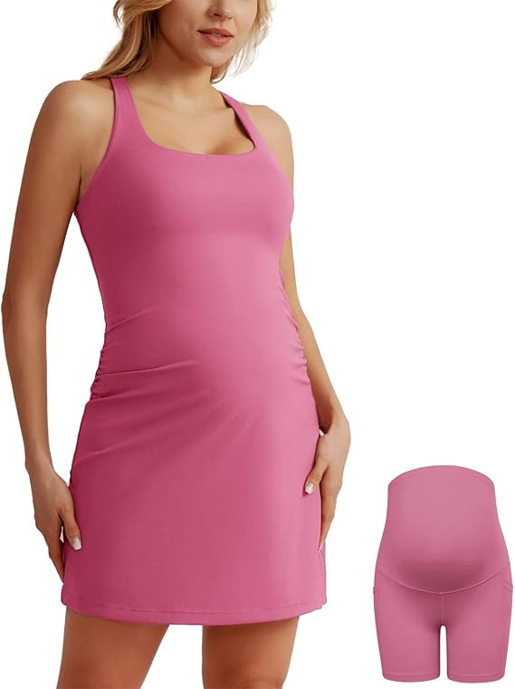 Maacie Maternity Tennis Dress with Shorts and Built in Bra Scoop Neck Sleeveless A-line Workout G... | Amazon (US)