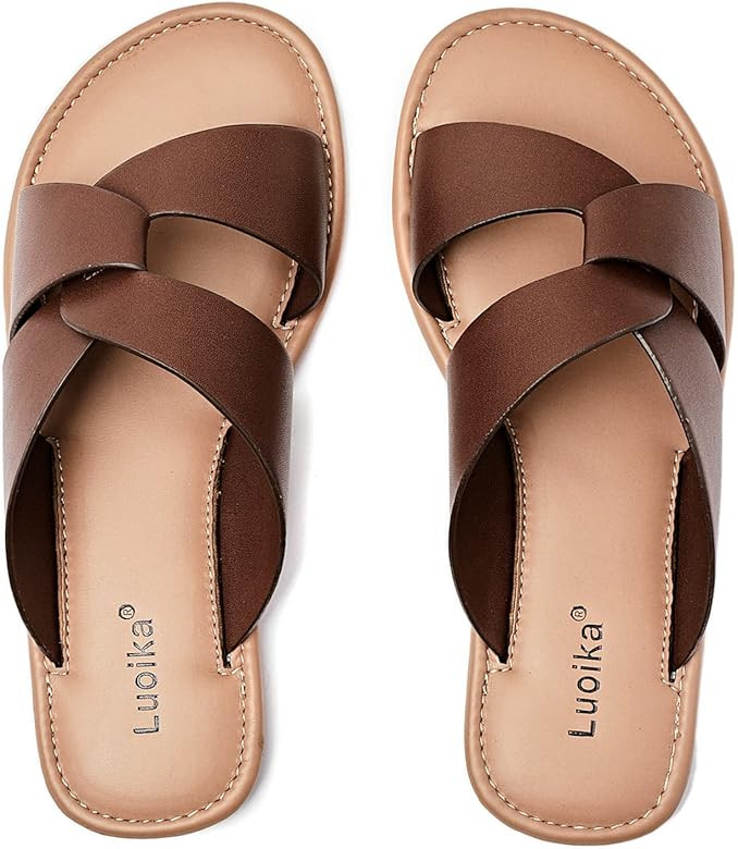 Luoika Women's Wide Width Flat Slides Sandals, Strapy Slide Sandal Slip on Dressy Summer Shoes fo... | Amazon (US)