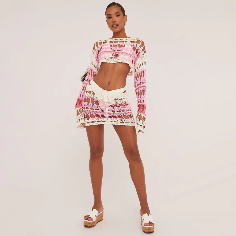 Low Rise Mini Skirt In Pink And White Crochet Knit | EGO Shoes (US & Canada)