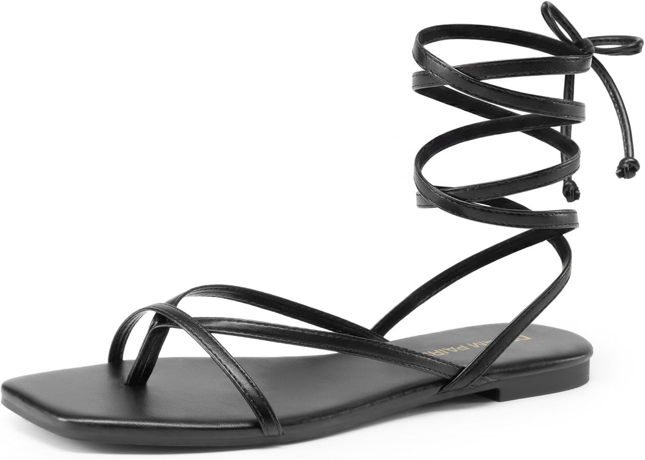 DREAM PAIRS Womens Strappy Flat Sandals - Comfortable Lace Up Gladiator Dressy Sandals, Square To... | Amazon (US)