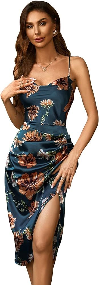 SOLY HUX Women's Floral Print Ruched Split Hem Satin Cami Dress Midi Dresses | Amazon (US)