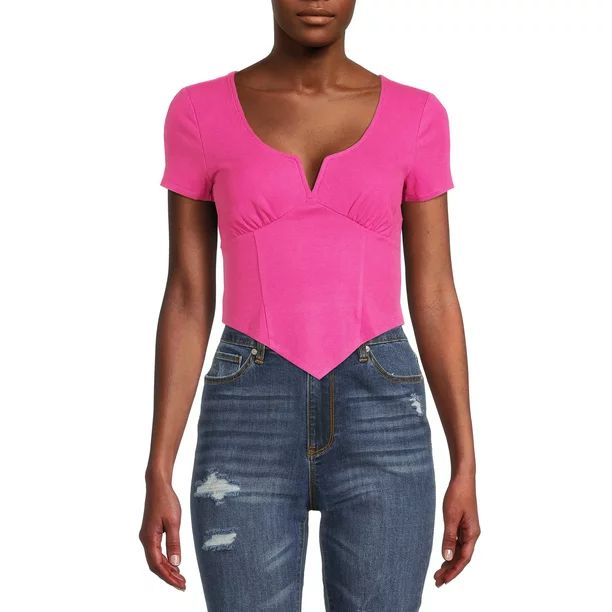 Madden NYC Women's V-Point Hem Top with Short Sleeves - Walmart.com | Walmart (US)