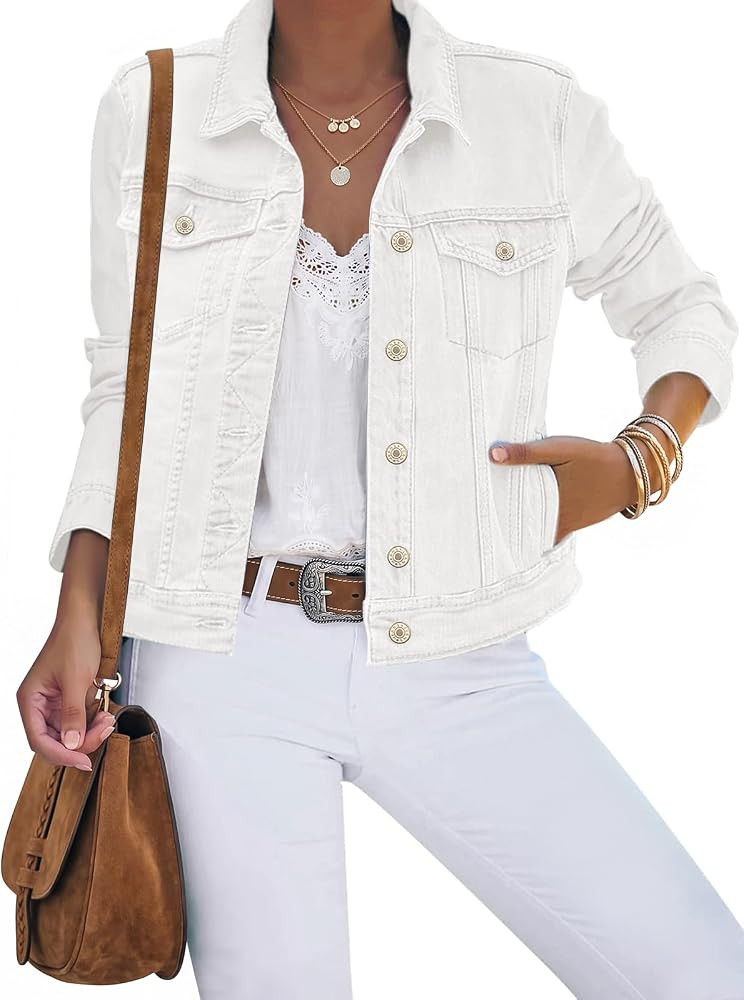 luvamia Women's Basic Button Down Stretch Fitted Long Sleeves Denim Jean Jacket | Amazon (US)