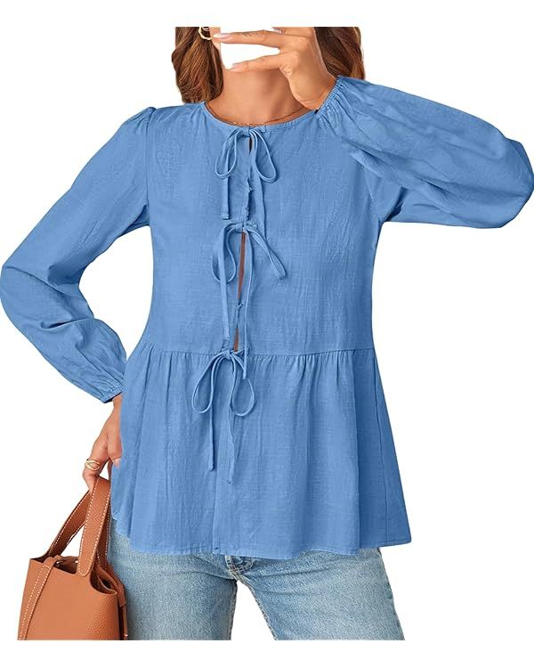 MEROKEETY Women's Tie Front Tops Blouse Puff Sleeve Button Peplum Ruffle Cute Babydoll Tee Shirts | Amazon (US)