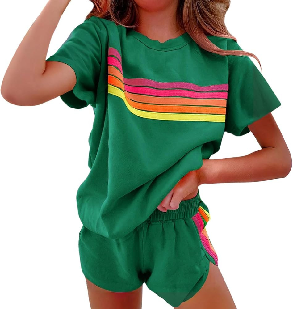 Women's 2 Piece Sets Summer Rainbow Striped Short Set Comfortable Short Sleeve Top and Shorts Mat... | Amazon (US)