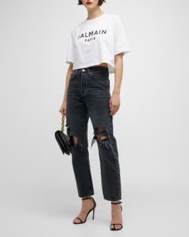 Balmain Logo-Print Crop T-Shirt | Neiman Marcus