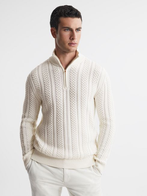 Reiss Ecru Bantham Cable Knit Half-Zip Funnel Neck Jumper | Reiss UK