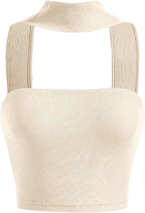 SHENHE Women's Ribbed Halter Neck Backless Knit Crop Top Summer Sleeveless Cute Top | Amazon (US)