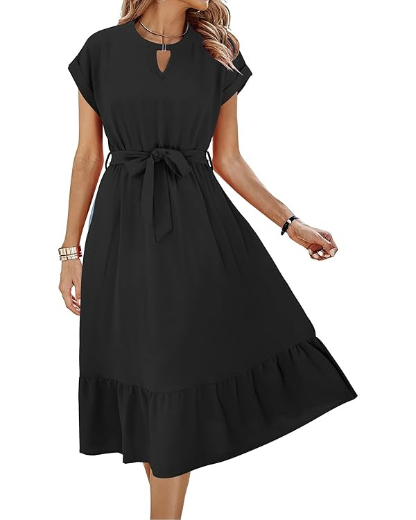 ECOWISH Womens Casual Midi Dresses Solid V Neck Short Sleeve Button Shirt Belted Dress with Pocke... | Amazon (US)