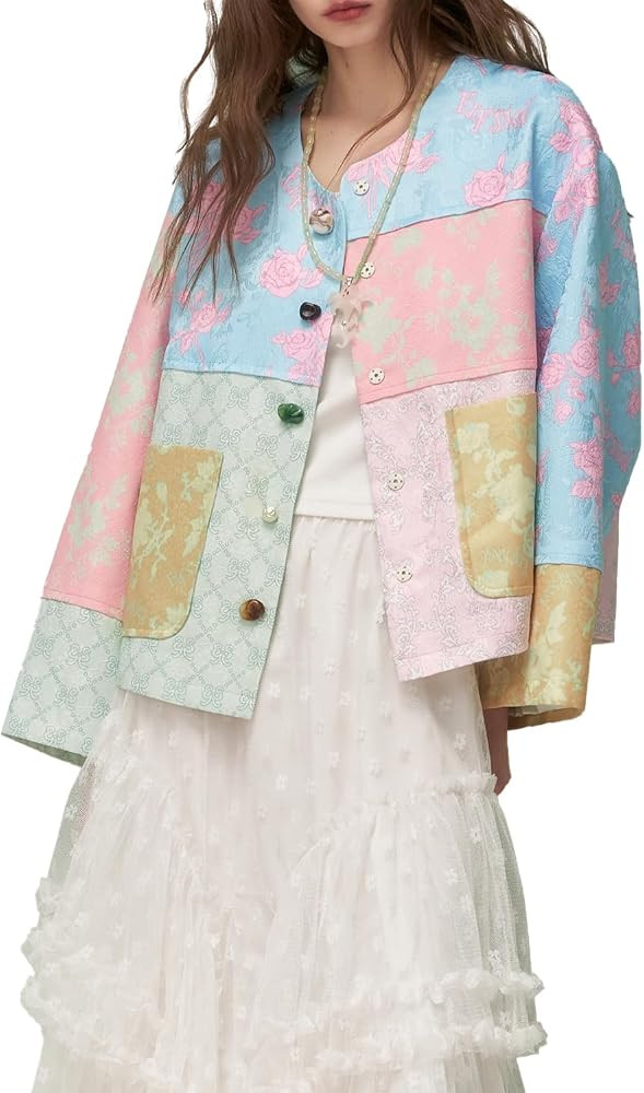 Womens Patchwork Jacket Floral Jacquard Y2K Fairycore Collarless Button Down Vintage Quirky Paste... | Amazon (US)