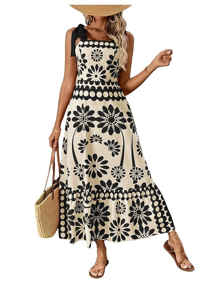 Floerns Women's Vintage Sleeveless Tie Shoulder Sundress Floral Print Cami Maxi Dress | Amazon (US)