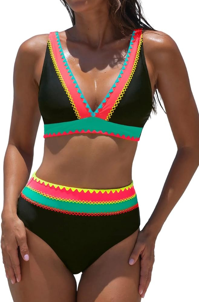 popvil High Waisted Bikini Sets for Women Two Piece Swimsuit Neon Bathing Suits V Neck Full Cover... | Amazon (US)