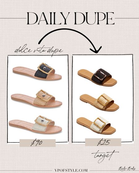 Your daily dupe. These target buckle sandal slides are a great look for less option to the dolce vita one! Get the looks for less now or if you like the details of the dolce vita version, they’re still under $100! 

#LTKshoecrush #LTKunder50 #LTKunder100
