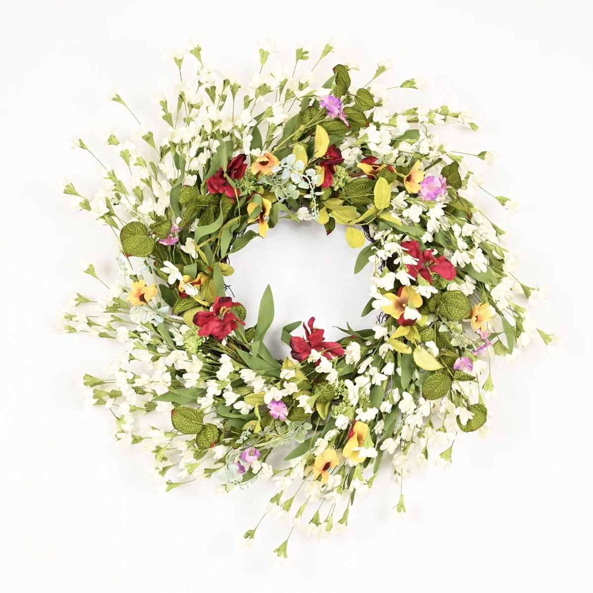 24" Artificial Farmhouse Spring Summer Greenery Foliage Pansy Wildflower Front Door Wreath | Wayfair North America