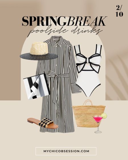 Planning your spring break outfits? I’ve got some resort wear outfit ideas for you! For a classy afternoon with poolside drinks, wear a chic black and white swimsuit with a cover up that can double as a dress, sandals, and a coordinating straw hat 

#LTKtravel #LTKswim