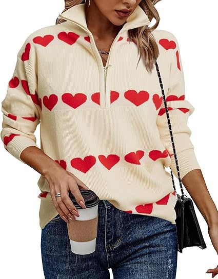 Love Heart Sweater Quarter Zip Sweater Women V Neck Valentines Pullover Sweatshirt Ribbed Knitted... | Amazon (US)