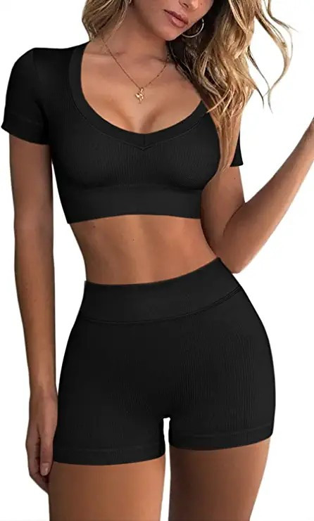 FAFOFA Women's Seamless 2 Piece Workout Outfits High Waist Running Shorts GMY Yoga Crop Top Sets | Amazon (US)
