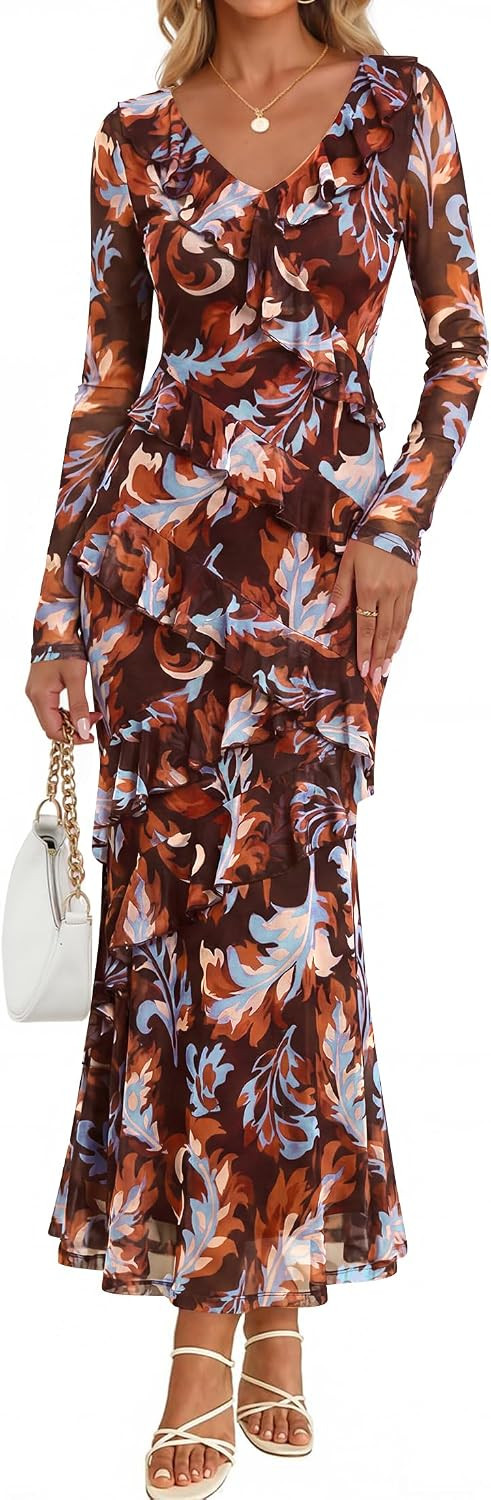 ZESICA Wedding Guest Dresses for Women Fall Long Sleeve Floral Maxi Dress | Amazon (US)