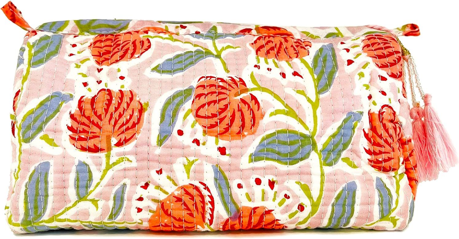 Block Print Designer Toiletry Bag & Makeup Case - Boho Floral Quilted Pouch for Cosmetics, Skinca... | Amazon (US)
