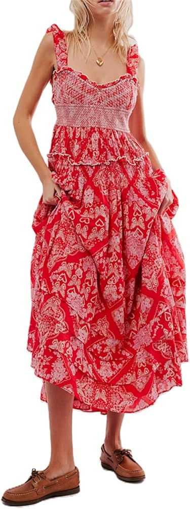 Yuemengxuan Women’s Floral Smocked Maxi Dress Boho Puff Sleeve Sweetheart A-Line Flowy Long Dre... | Amazon (US)