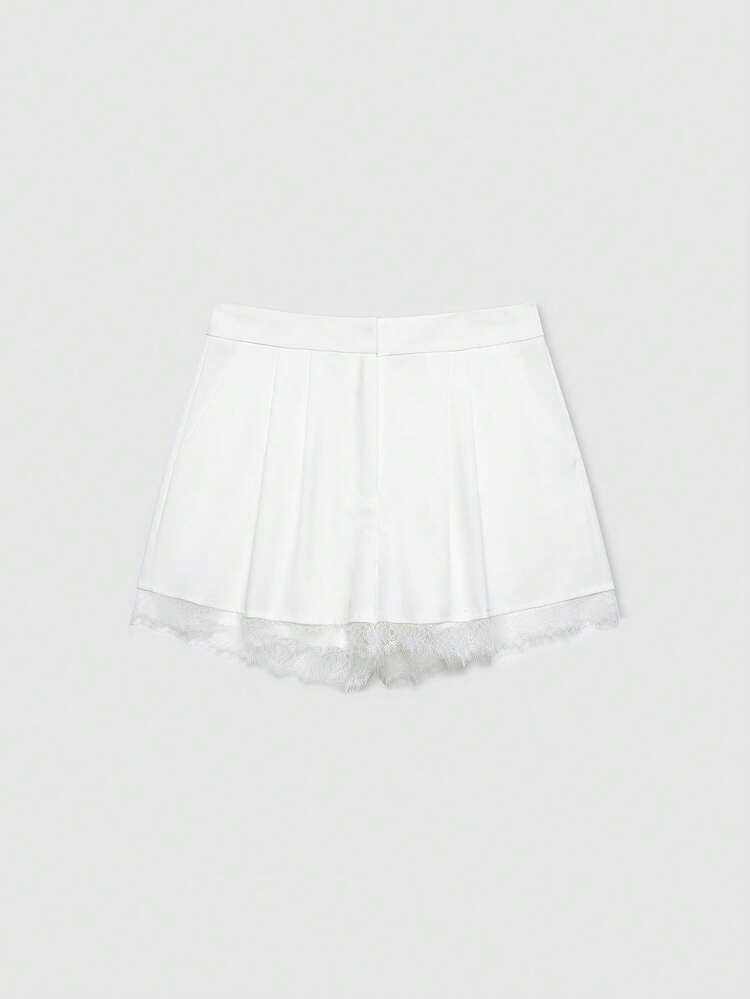 Women's Solid Color Pleated Lace Trim Casual Shorts White Summer | SHEIN