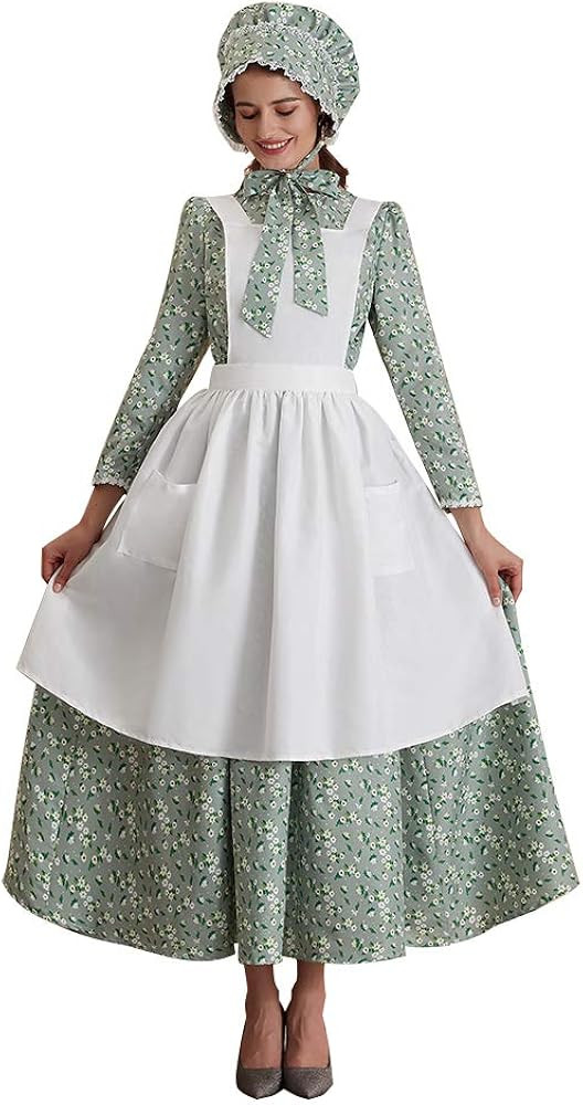 Abaowedding Womens American Pioneer Costume Dress Historical Modest Prairie Colonial Floral Dress | Amazon (US)