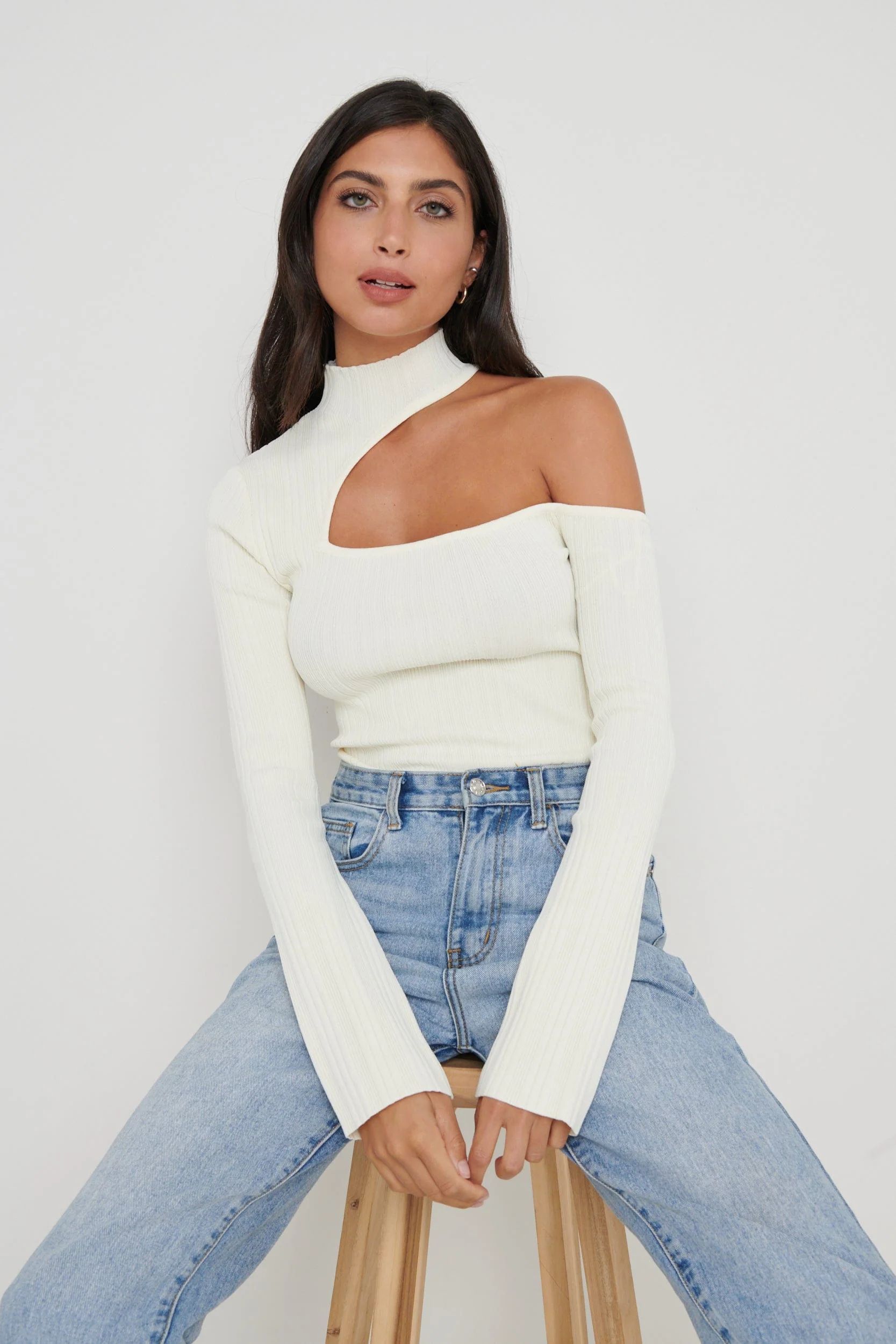 Presley High Neck Cut Out Knit Top - Cream | Pretty Lavish (UK)