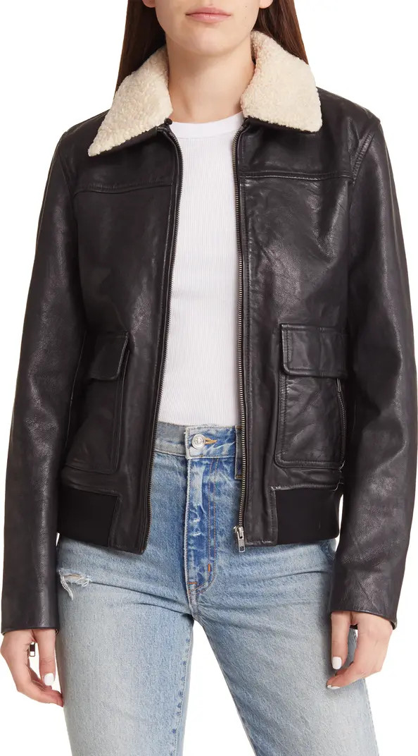 Leather Bomber Jacket with Removable Faux Shearling Trim | Nordstrom