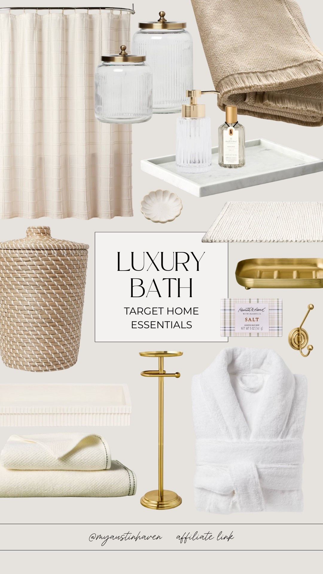 Luxury bath vibes on a budget with neutral @Target home essentials 🤍

Target home finds, Target bathroom decor, luxury bathroom essentials, neutral bathroom decor, spa bathroom aesthetic, Target bath accessories, brass bathroom hardware, neutral shower curtain, bathroom storage ideas, elevated bathroom decor, modern bathroom accessories, neutral home essentials, cozy spa bathroom, affordable luxury bathroom, casaluna, Target home decor finds 

 #LTKFindsUnder50

#LTKHome #LTKSaleAlert