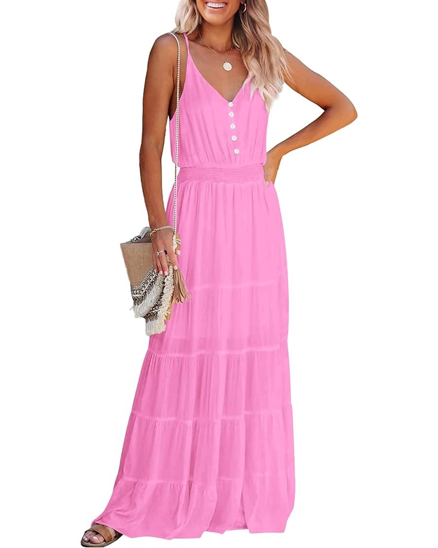 Pretty Garden Womens Summer Spaghetti Strap Sleeveless High Waist Beach Long Maxi Sun Dress | Amazon (US)