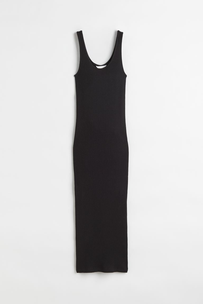 Calf-length, fitted dress in ribbed jersey. Wide shoulder straps and a low-cut neckline at front ... | H&M (US)