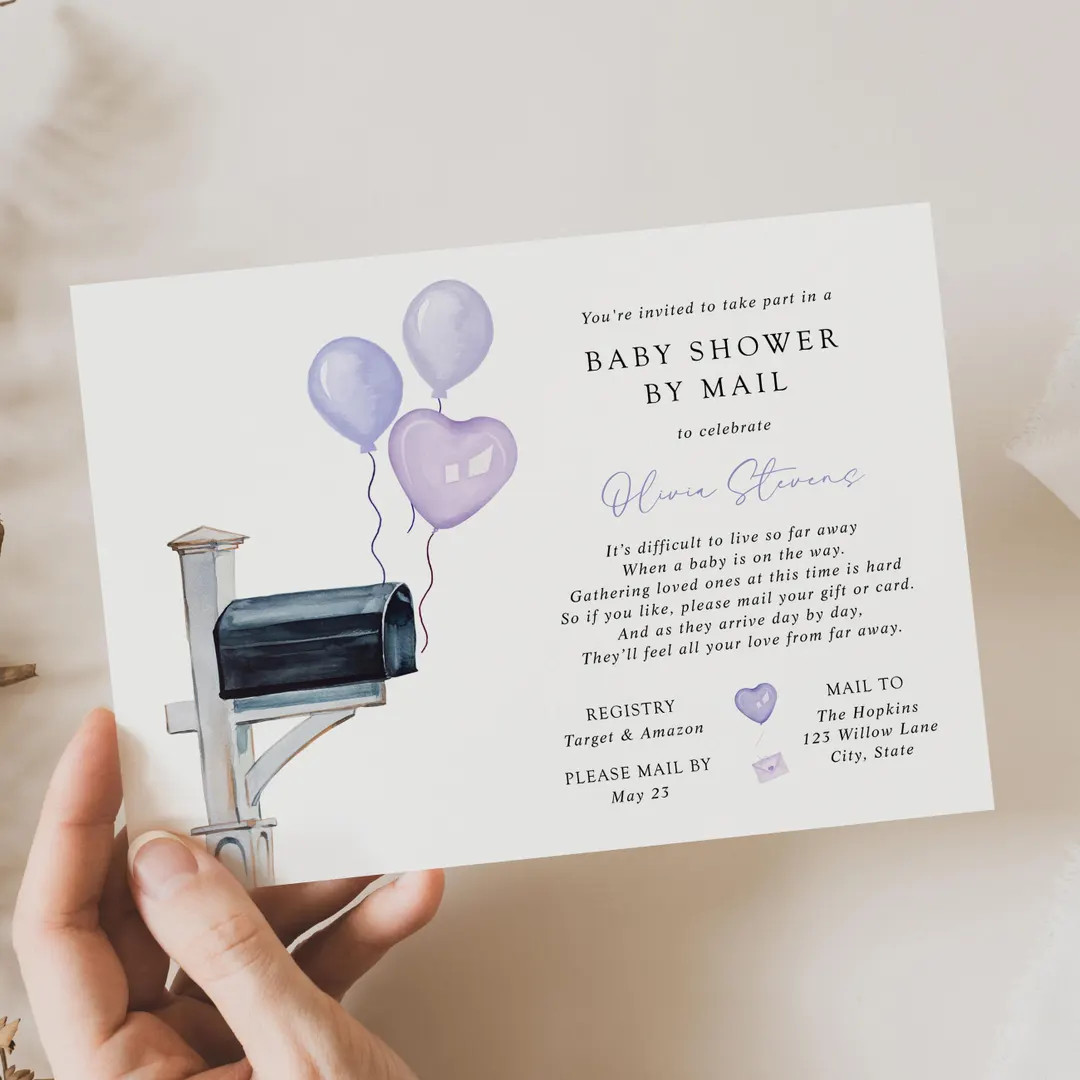Purple Balloons Baby Shower by Mail Invitation | Printable Digital Download for Long Distance Bab... | Etsy (US)