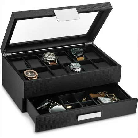 Glenor Co Watch Box with Valet Drawer for Men - 12 Slot Luxury Watch Case Display Organizer Carbon F | Walmart (US)
