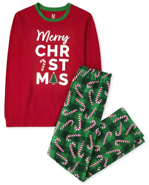 Unisex Adult Matching Family Christmas Long Sleeve 'Merry Christmas' Cotton Top And Fleece Pants ... | The Children's Place