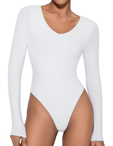Avidlove White Bodysuit Women Long Sleeve Bodysuits Deep V Neck Body Suits Lingerie Body Suit Stretchy(White,L) | Amazon (US)