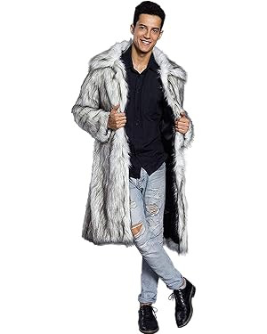 UMREN Mens Faux Fur Coat Long Black Jacket Warm Furry Overcoat Outwear | Amazon (US)
