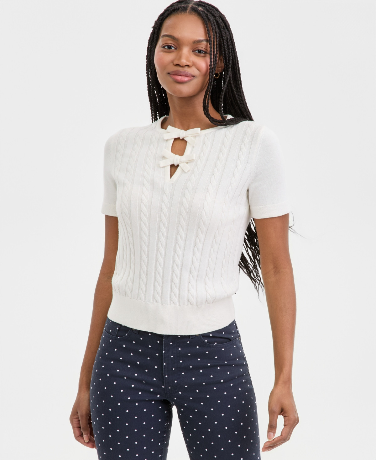 Nautica Women's Bow Cable-Knit Short-Sleeve Sweater - Ivory | Macy's