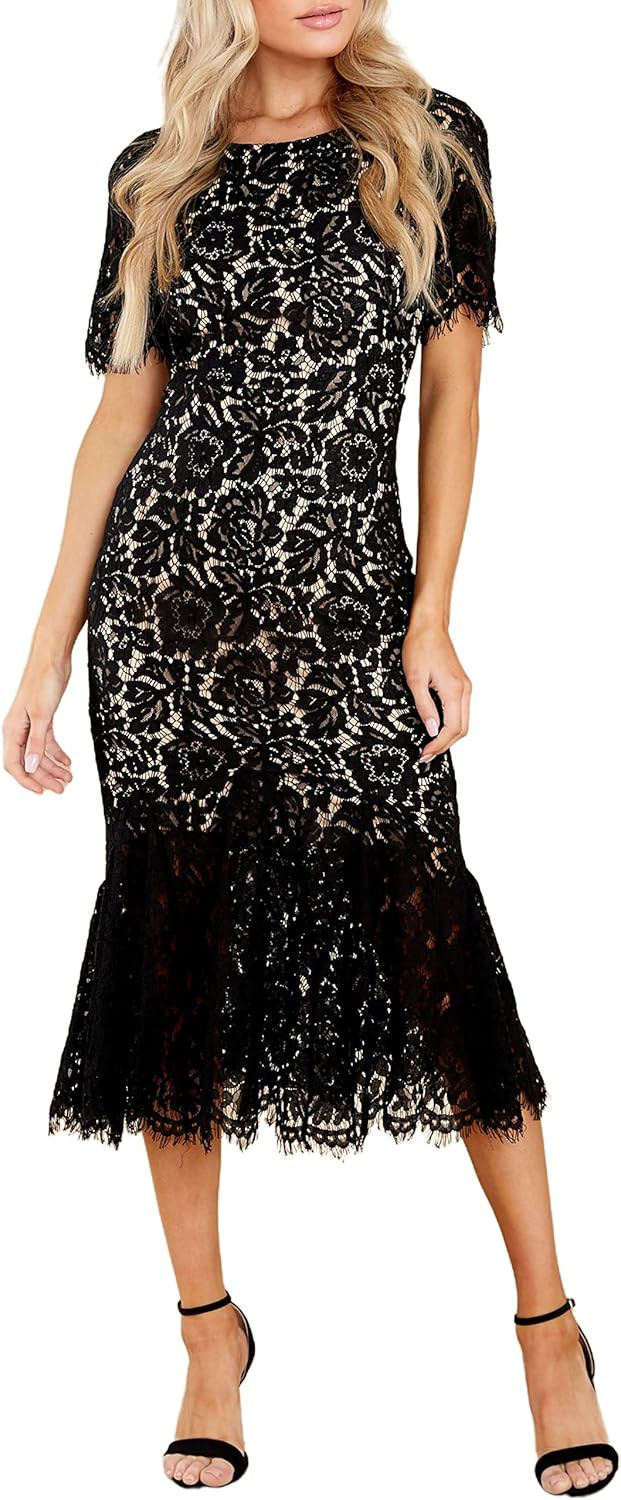 MERMAID'S CLOSET Womens White Floral Lace Bodycon Cocktail Party Elegant Long Mermaid Dress | Amazon (US)