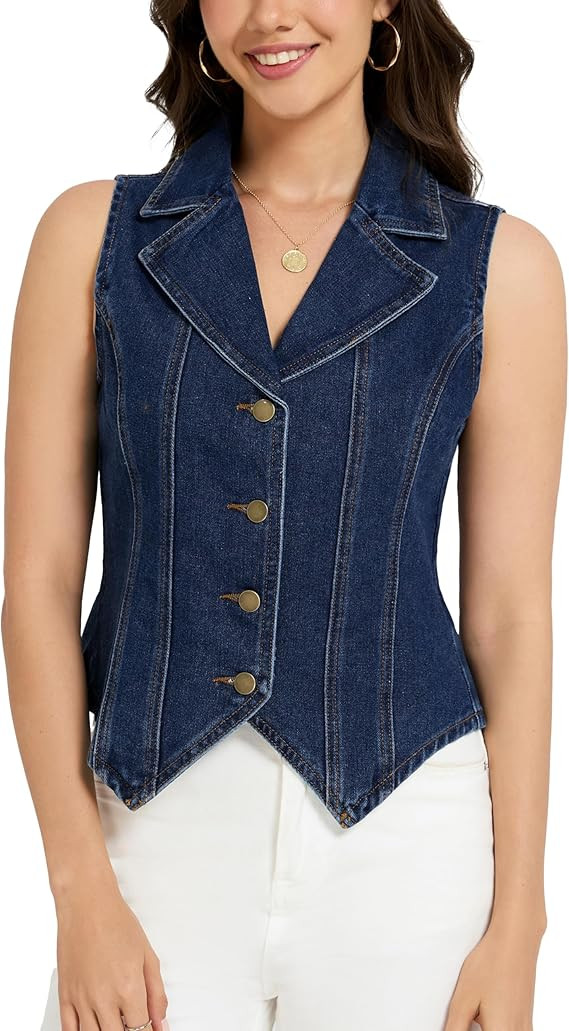 Ladyful Women's Denim Vest Tops Lapel Collar Button Down Sleeveless Jean Vest Waistcoat Blazer | Amazon (US)
