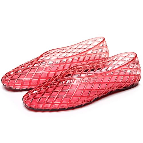 ClassicSter Jelly Ballet Flats for Women Mesh Jelly Sandals Comfottable Summer Jellies Shoes Beach Sandals Clear Hollow Shoes(US 8.5,red) | Amazon (US)