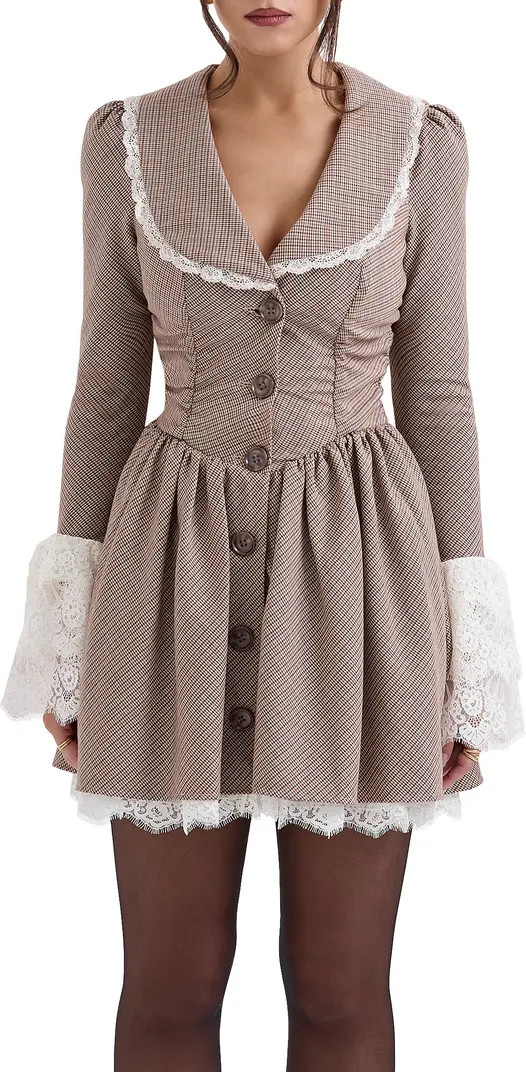 Sable Puppytooth Check Long Sleeve Lace Trim Minidress | Nordstrom