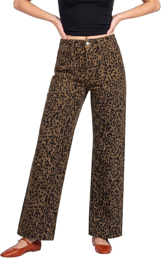 luvamia Womens High Waisted Wide Leg Leopard Pants Cheetah Print Jeans | Amazon (US)