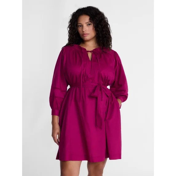 Terra & Sky Women's Plus Geo Eyelet Cotton Mini Dress with Long Sleeves, Sizes 0X-5X | Walmart (US)