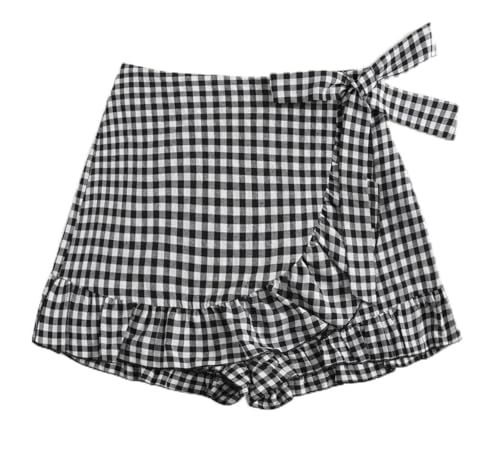 Shorts for Women Summer Elastic Waist Knot Side Ruffle Trim Gingham Skort Fashion Shorts Black an... | Amazon (US)