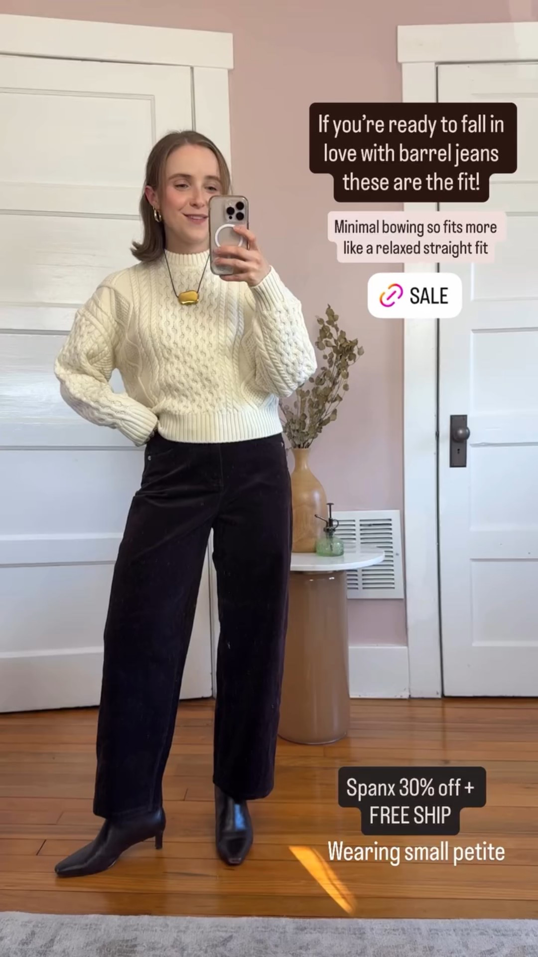 If you’re ready to fall in love with barrel jeans these are the fit! Wearing small petite Spanx 30% off + FREE SHIP @spanx  Minimal bowing so fits more like a relaxed straight fit