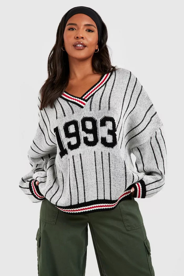 Plus V Neck Varsity Oversized Sweater | boohoo (US & Canada)